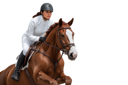 Focused female equestrian in white attire and helmet riding a striking chestnut horse with a white blaze during a show jumping event - Powered by Adobe