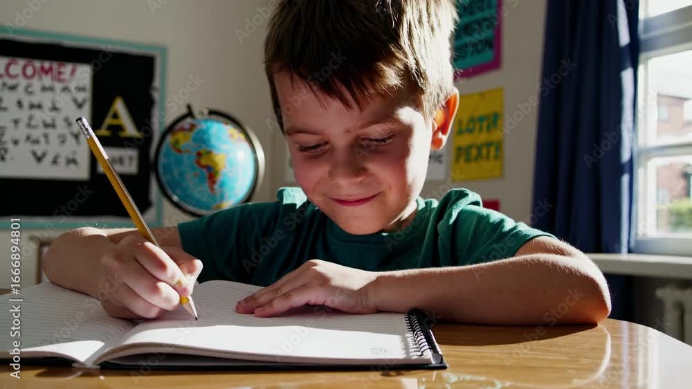 Poster a video still of a child in a classroom, captured from a low angle. the child is writing in a notebo