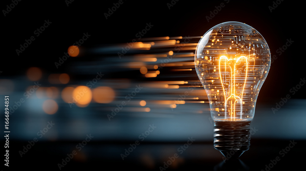 Aufkleber illuminated lightbulb with circuit board pattern and blurred light streaks on a dark background