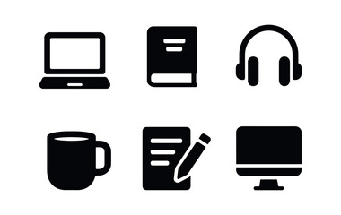 vector solid black filled icons lexicographer (digital work): laptop database headphones coffee mug notes monitor screen.