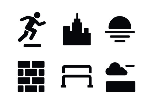 vector solid black filled icons urban freerunning (rooftops): athlete mid jump city skyline sunset light brick buildings metal rails open air.