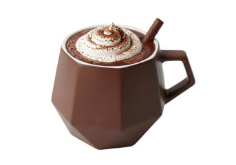 A rich, dark hot chocolate, topped with whipped cream and cocoa powder, is presented in a geometrically shaped mug.