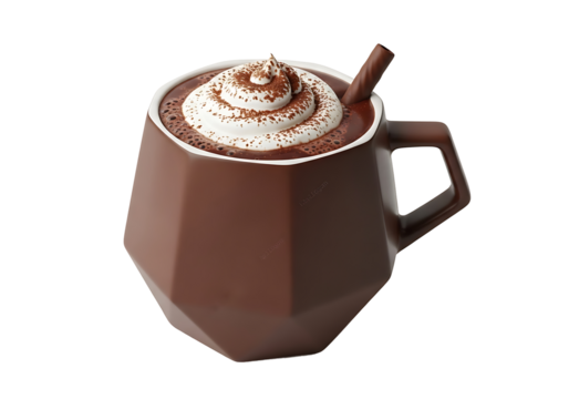 A rich, dark hot chocolate, topped with whipped cream and cocoa powder, is presented in a geometrically shaped mug.