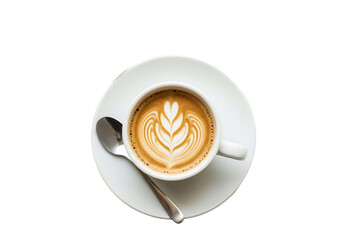 Aromatic latte art in a white ceramic cup, presented against a black background.