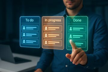 Project management kanban board with three columns: to do, in progress, and done, a businessman tracking tasks and workflow on a virtual screen
