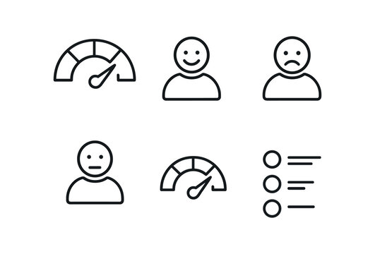vector outline icons customer satisfaction survey (net promoter score): NPS gauge promoter icon detractor icon passives icon score dial legend.