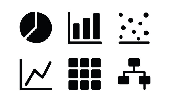 vector solid black filled icons visualization (data view): pie chart bar chart scatter plot line graph heat map flow diagram.