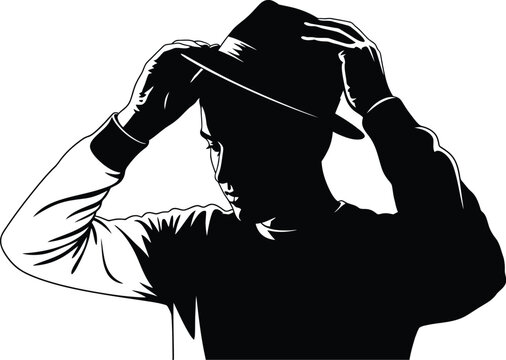 black and white man adjusting hat clip art preview