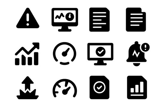 Data Monitoring Icons. Solid style icons of data monitoring: alert icon, real-time dashboard, log file, system usage graph, metric