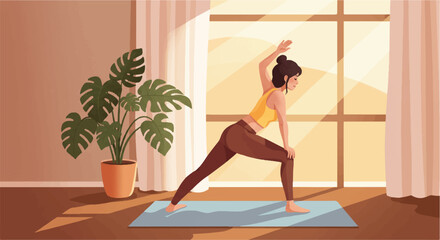 2D flat illustration of a serene woman practicing yoga on a mat inside her home, illuminated by warm sunlight streaming near a green indoor plant.