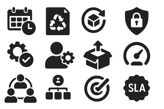 Backup Policy Icons. Solid style icons of backup policies: backup schedule plan, retention policy icon, lifecycle icon, access