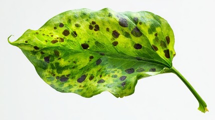 Abstract close-up of wilting green leaf with dark spots on sterile white background, concept of decay, disease and contrast in nature