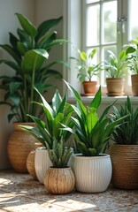 Fototapeta premium Collection of home plants in stylish eco-friendly interior. Green houseplants in decorative rattan, ceramic pots arranged near window. Natural light illuminates vibrant leaves, creating fresh