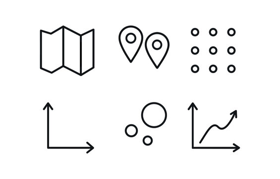 vector outline icons competitive market research (market map): map outline brand markers position dots axis labels bubble sizes trend line.