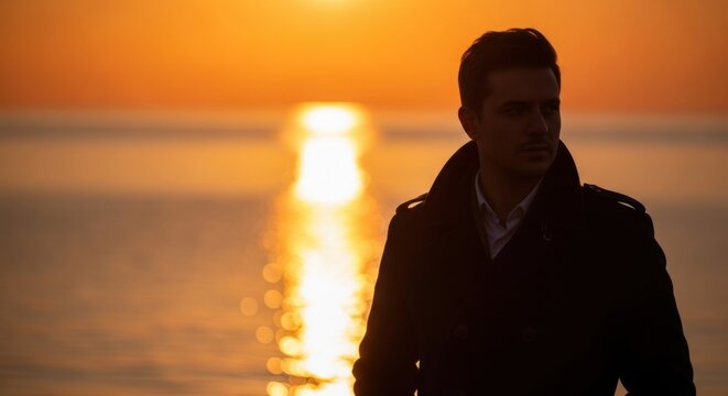 A Pensive Man's Silhouette Against a Glistening Golden Sunset Over the Ocean