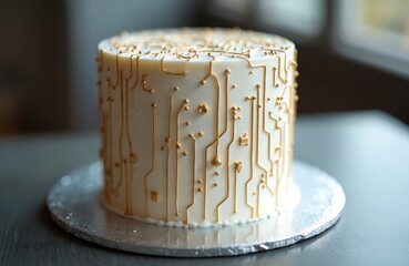 Elegant white birthday cake with gold circuit board decoration. Minimalist design, silver cake board. Perfect for celebrating computer engineers, tech enthusiasts, geeky parties. Unique edible art