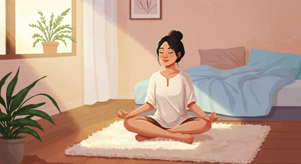 A serene 2D flat design vector illustration depicts a calm person meditating cross-legged on the floor in a brightly lit and peaceful bedroom, fostering tranquility and mindfulness.
