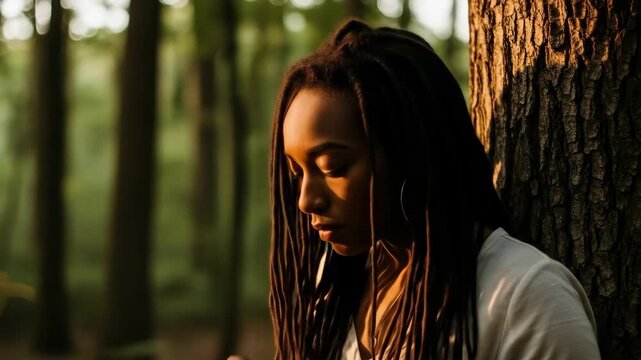 african american woman with dreadlocks lighting cigarette in serene forest. sunlight filters through trees, casting warm glow. concept of solitude, reflection. lifestyle, outdoor portrait, relaxation