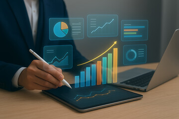 Business growth and financial data analysis concept, professional using a stylus on a tablet with a virtual screen displaying charts, graphs, and a rising arrow