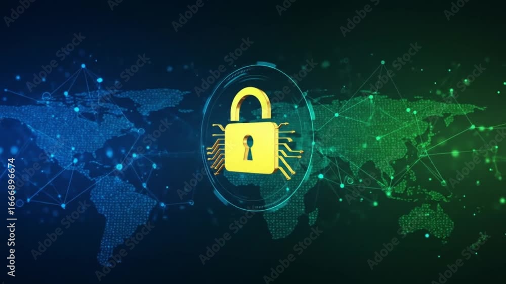 Poster cyber security global network protection with dynamic lock animation for modern tech presentations