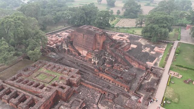 Aerial drone shot of the ancient ruins of Nalanda University in Bihar, India, UNESCO World Heritage Site and historic center of learning