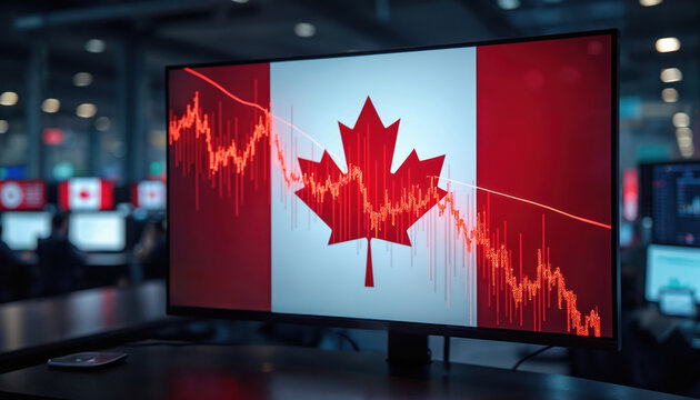 Canadian flag superimposed with red downward trending stock market graph. Economic recession, free fall in international trade, stock exchange crisis. Represents financial downturn, market volatility.