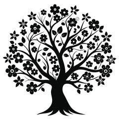 Fototapeta premium Black Floral Tree Silhouette with Leaves, Petals, and Elegant Branch Patterns