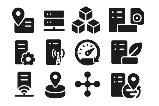 Edge Server Icons. Solid style icons of edge servers: remote server location icon, edge node tray, distributed compute icon,