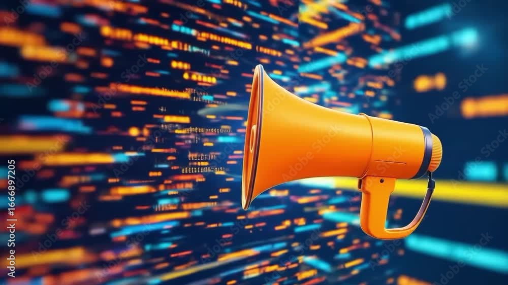 Poster orange megaphone floating with abstract data background announcement communication concept