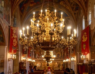 Obraz premium Ornate gold chandelier in a church