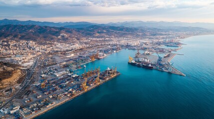 Fototapeta premium Aerial view of bustling port with cranes and cargo operations under natural light, dynamic industrial atmosphere and maritime trade concept