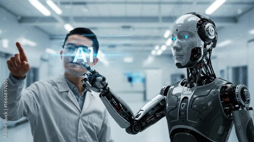 Poster visionary scientist interacts with advanced humanoid robot in modern laboratory setting