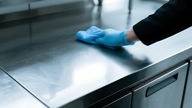 Professional cleaner wiping stainless steel surface with blue cleaning cloth