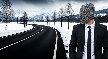 Mysterious businessman in winter.  Snowy road, mountains, and anonymous man in suit and hat.  Perfect for mystery, suspense, or corporate winter themes.