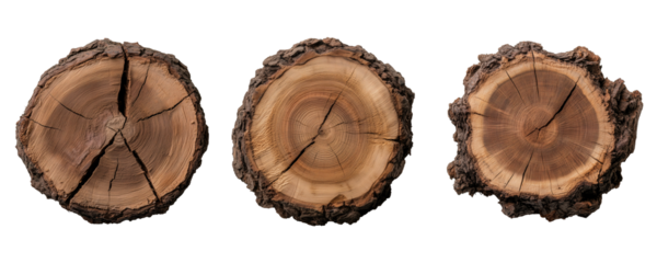 set of cross section of tree trunk, top view of a thick tree slice trunk with irregular edges and visible knots isolated on a transparent background	