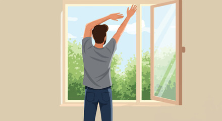 A cheerful man stretches his arms in a bright, sunlit room, standing near an open window on a serene morning in a charming 2D flat vector illustration.