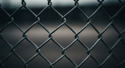Naklejka premium Chain-link fence texture close-up. Metal wire mesh barrier with blurred background, symbolizing security, restriction, or urban grit.