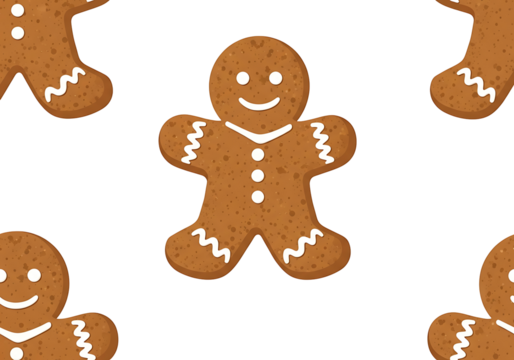 A cheerful, repeating pattern of gingerbread men, rendered in a warm brown and white color scheme, against a black background.