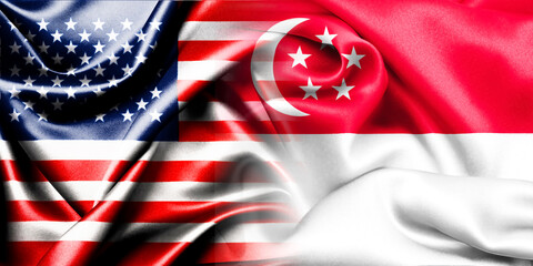 The national flags of the United States and Singapore are combined into one and placed side by side on a fluttering cotton background. Flags.