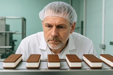 Quality inspector examining chocolate ice cream sandwiches on production line in modern food processing facility