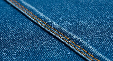 Blue denim fabric texture with orange stitching. Close-up of jean material seam detail, textile background.