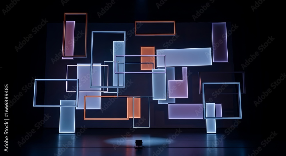 Poster illuminated geometric shapes creating an abstract composition in darkness