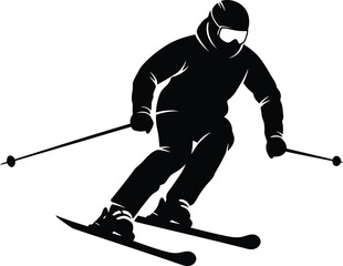Vector art of the silhouette of a skier skiing downhill on a snowy mountain slope, capturing the thrill and excitement of winter sports in a dynamic style
