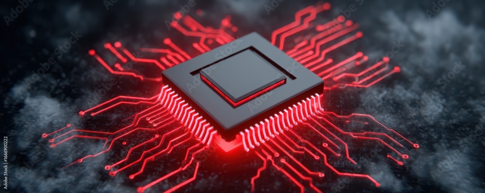 Poster a close-up of a black microchip surrounded by glowing red circuits, symbolizing advanced technology 