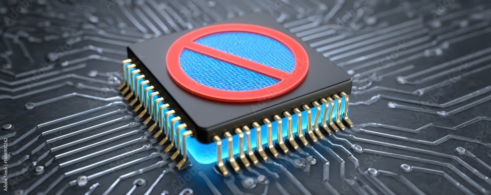 Poster a microchip with a prohibition symbol on a circuit board, symbolizing restrictions in technology or 