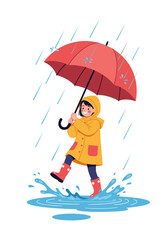 Happy child splashing in puddles with umbrella on a rainy day, enjoying the fun