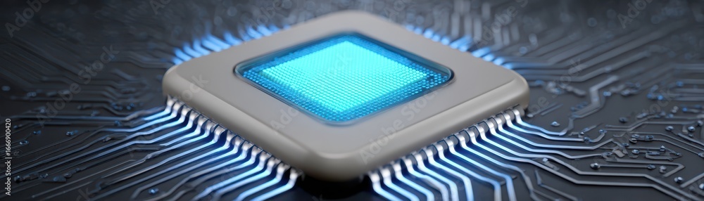 Poster a close-up view of a microchip with illuminated circuitry, showcasing advanced technology and intric