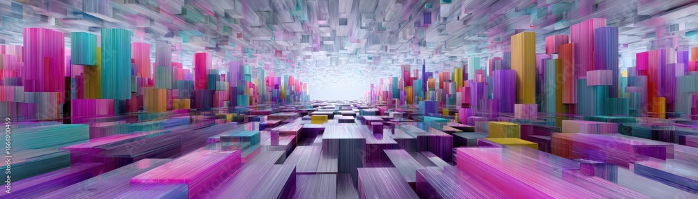 Poster a vibrant, abstract landscape featuring multicolored blocks and structures, creating a dynamic, futu