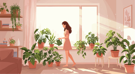 Young woman diligently waters her vibrant indoor potted plants bathed in bright sunlight from a large window in a serene, minimalist home interior, depicted in a clean 2D flat vector style.