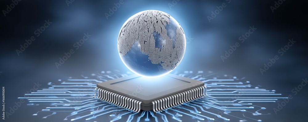 Poster a digital representation of a globe above a microchip, symbolizing the intersection of technology an